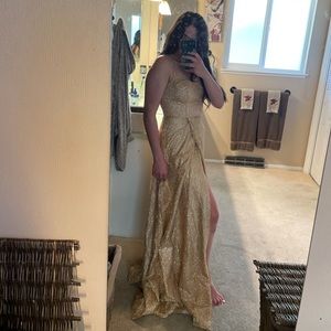 A Line Gold Sequin Spaghetti Strap Prom Dress